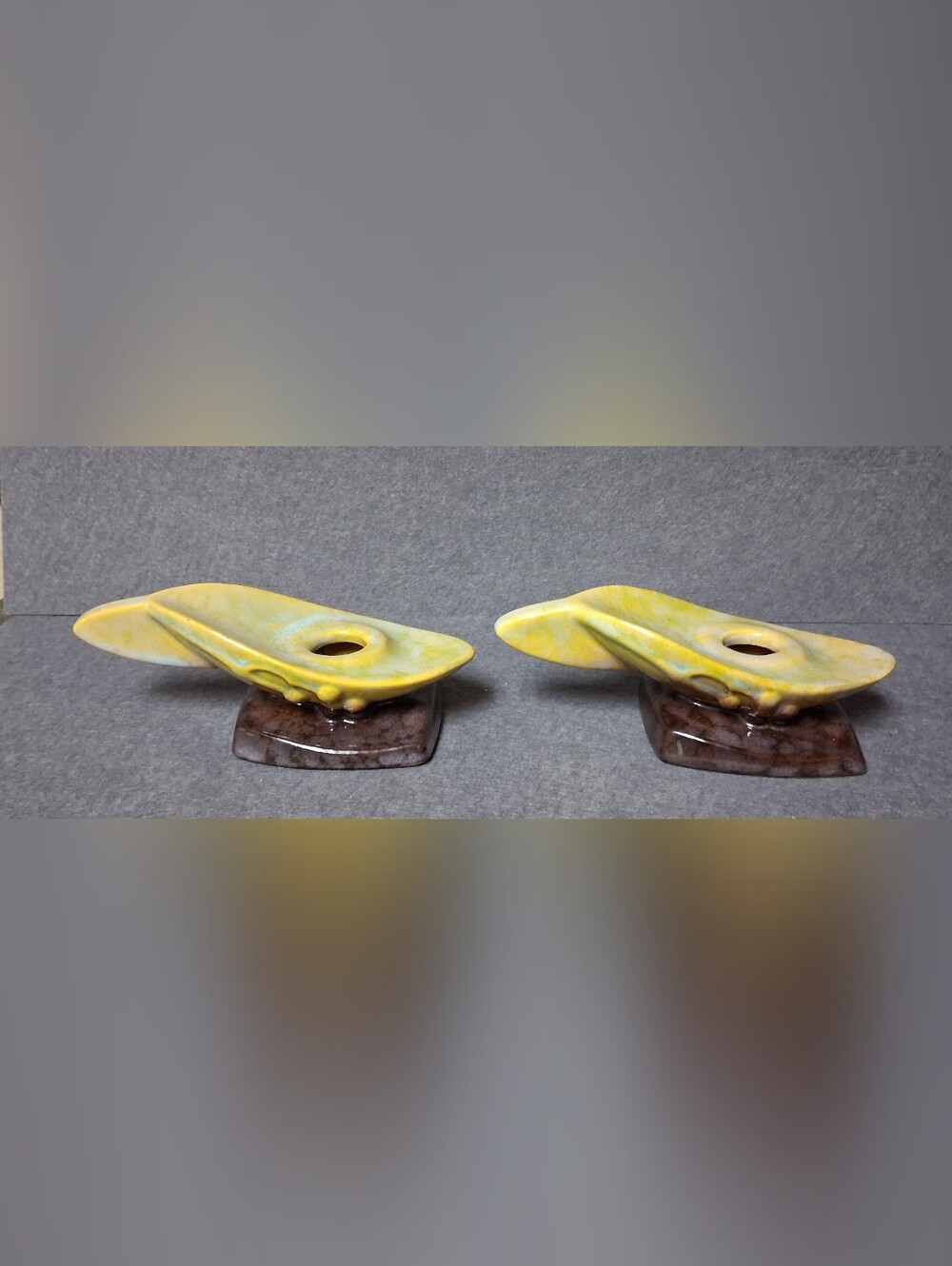 Pair Of Roseville Pottery Wincraft 1948 Green/ Brown Candle Holders 252